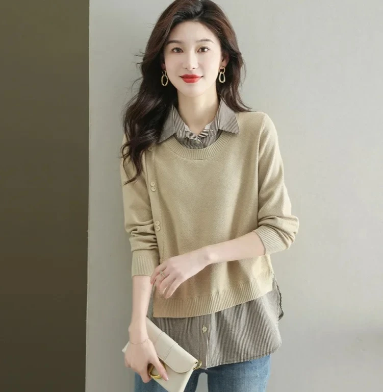 루즈핏 여성 셔츠 스트라이프 니트 탑 한국 스타일 봄 가을 겨울 신상품