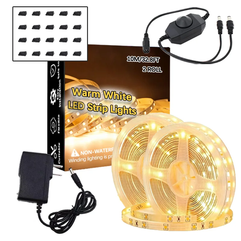 66ft (33ft * 2Rolls) 24V Warm Color LED Strip Light Set Flexible Tape Lamp with Knob Switch for Home Kitchen Under Cabinet Lighting