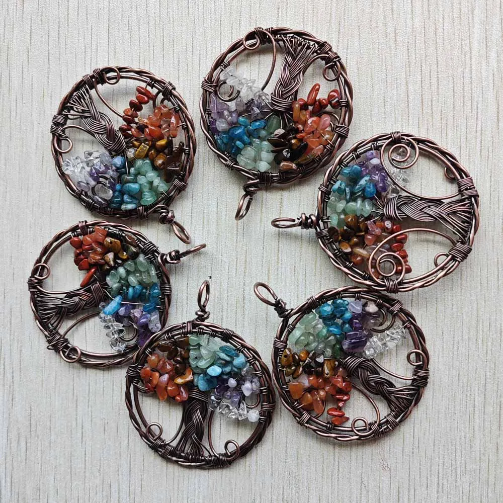 

Natural 7 Chakras stone Tree of life handmade wire wrapped Pendants 50mm for necklaces jewelry accessories making Wholesale 6pcs