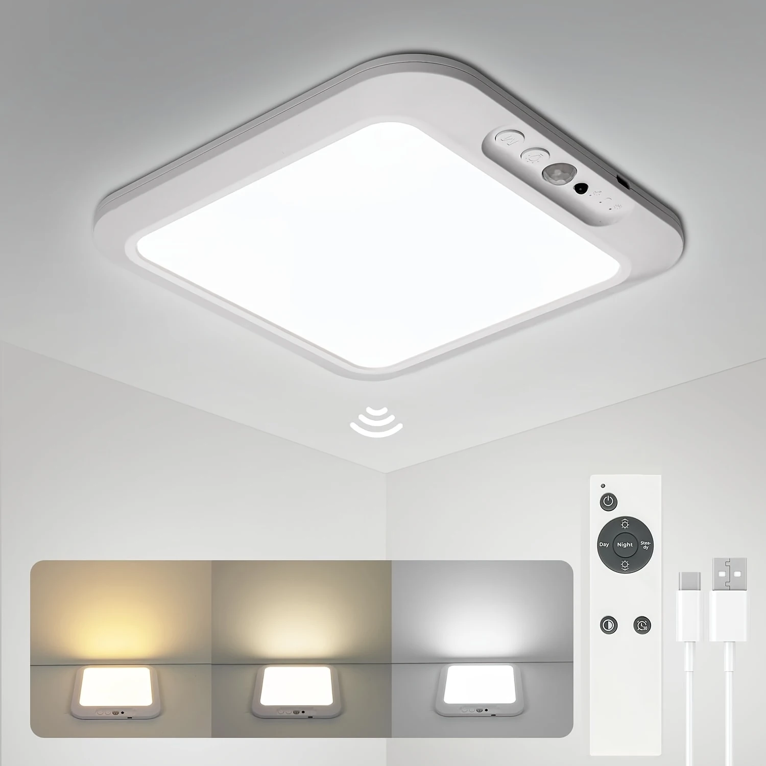 Rechargeable Motion Sensor Ceiling Light 3 Working Models 3000K-6000K Magnetic Wireless LED Ceiling Light with Remote Battery Powered for Closet Shower Stairs Shed Hallway Living Room