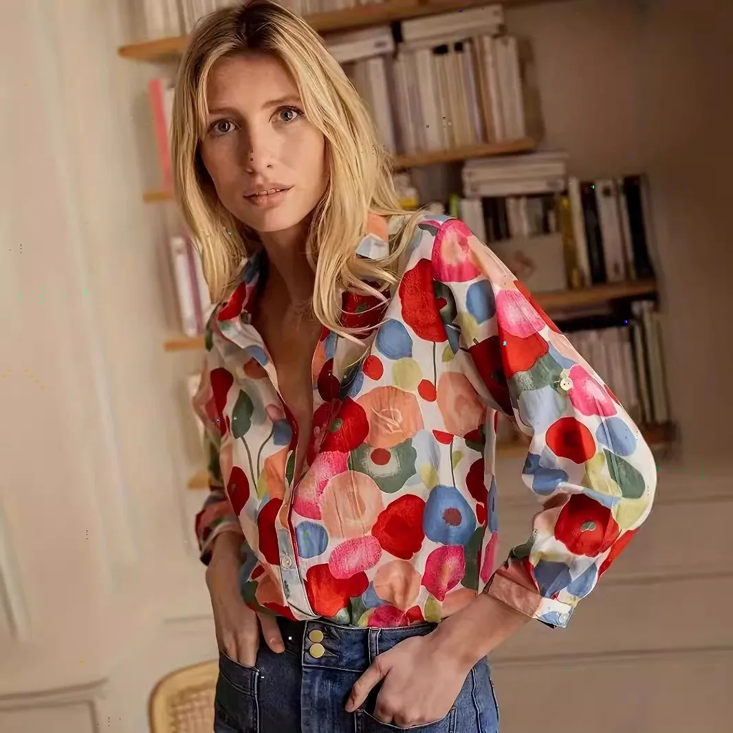 3D Long Sleeve Shirt Regular Fit Elegant with 3D Effect Pattern Commuter Chic Woven Construction Notched Lapel Women Blouse