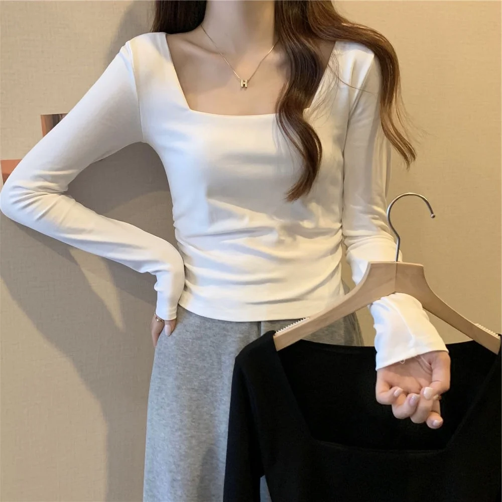 

plus Size Women's Long Sve Fce Lined Base irt Square Collar Slim Fit T-irt Inner Wear Top for Heavy MM 300 Pou