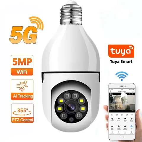 Tuya 5G WiFi 전구 카메라 5MP 3MP 실내 보안 양방향 오디오 자동 추적 인간의 다채로운 야간 투시경 E27 기본 미니 PT 카메라
