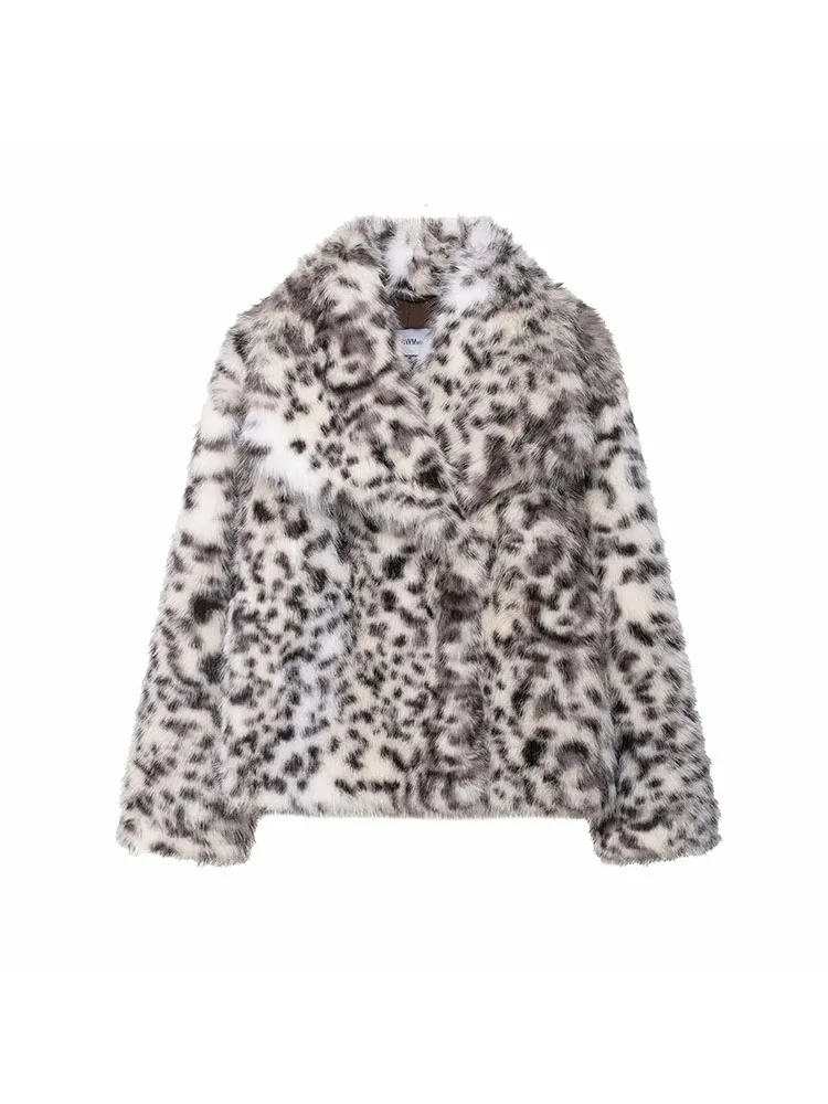 

Women 2025 Winter New Chic Leopard Faux Fur Coat Women Loose Long Turn-down Collar Sleeve Pocket Jackets Female Lady Outwears