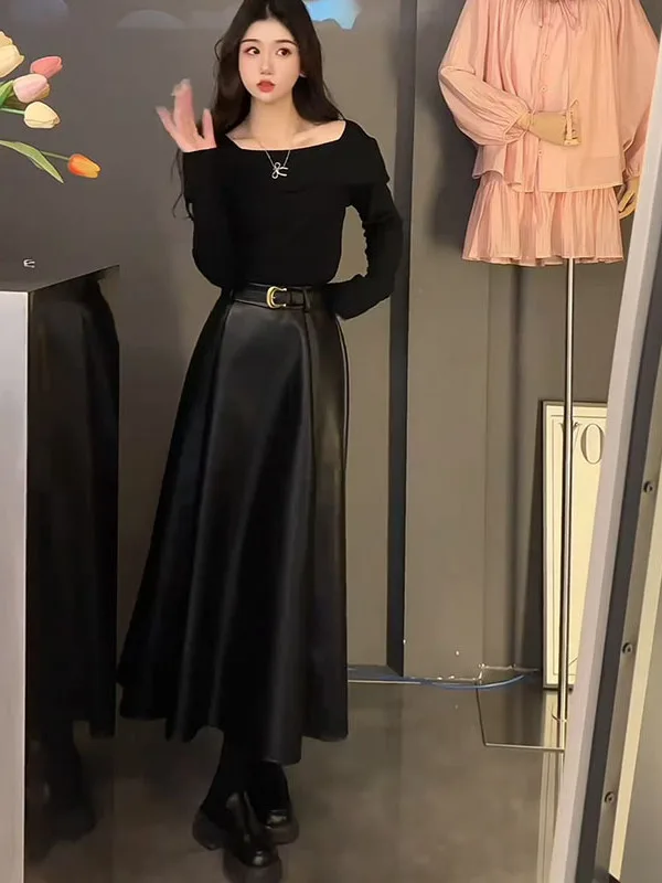 

Осенний модный комплект: женский сексуальный топ с открытыми плечами и длинная юбка, комплект из двух предметов, длинный рукав, высокая талия