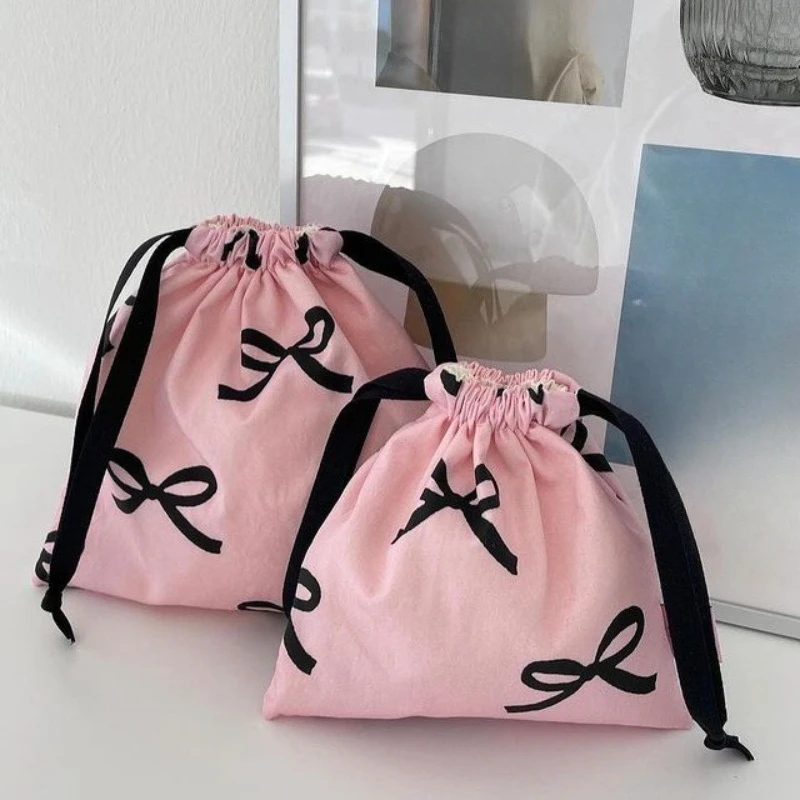 Korean Style Bow Drawstring Mini Bag Portable Travel Storage Bag Cosmetic Organizer Drawstring Storage Pouch for Women Girls