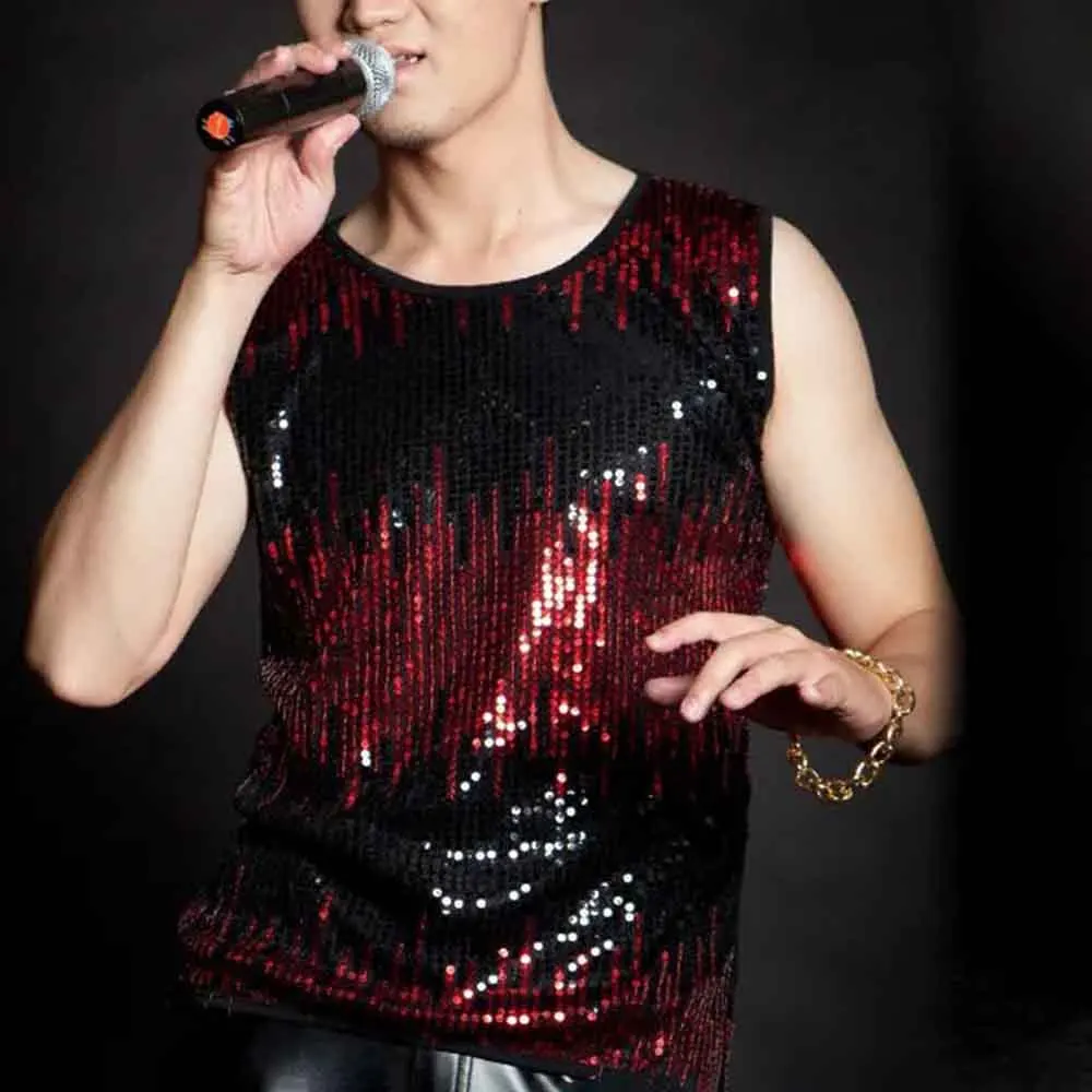 Mens Summer Tank Top Sequins Color Blocking Ballroom Tank Top Nightclub Stage Performance Fashion Dj Niche Sleeveless T Shirt
