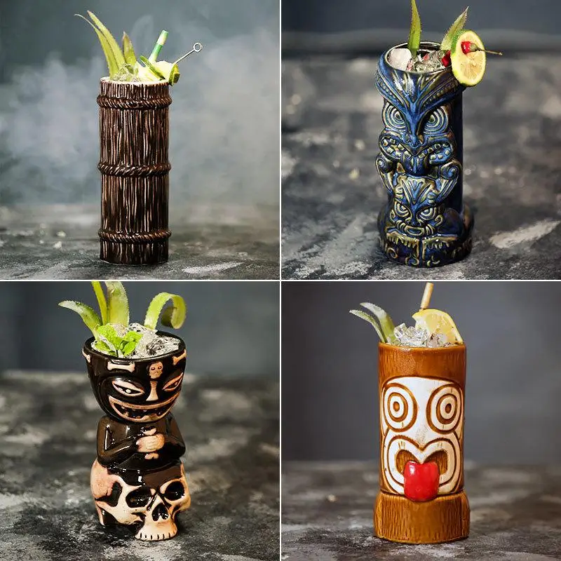 Retro Totem Pole Ceramic Sculpture Tiki Cup Bar Desktop Decoration Choice of Styles Green Glass Square Shape 300ml Capacity