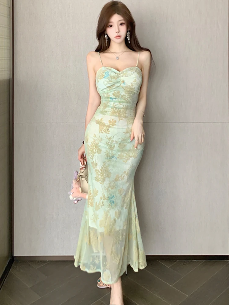 المرأة الأخضر الأزهار شبكة شيك حبال مثير فستان طويل الصيف بوهو فستان مناسبات أنيقة 2025 الكورية أنيقة Bodycon فساتين غير رسمية #1