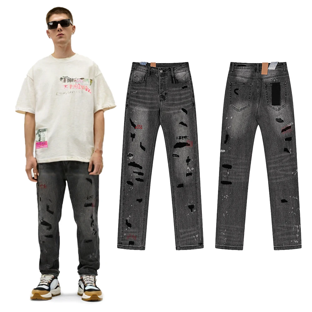 

Streetwear Slim Fit Jeans with Letter Embroidery High Street Style Cotton Casual Retro Distressed Ripped Straight Trousers Men's