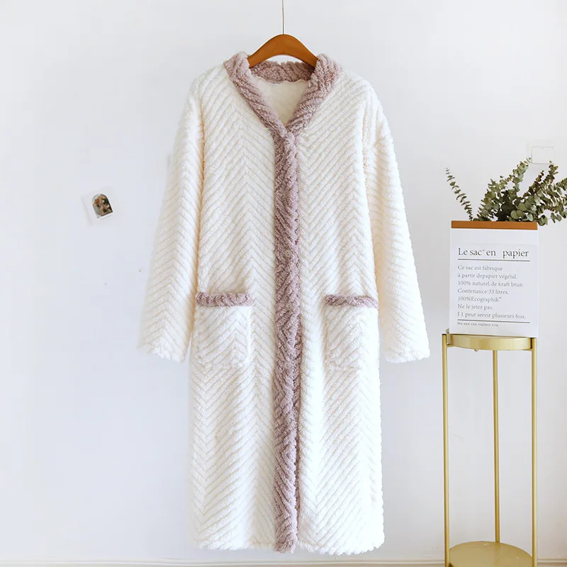 Winter Thicken Women\'s Nightgown Warm Solid Coral Fleece Bathrobe Long Sleeve Cardigan V-Neck Pajama With Pocket Home Nightdress