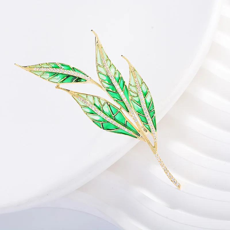 Chinese Style Translucent Green Enamel Willow Leaf Brooch For Women Elegant Rhinestone Set Lucky Blessing Lapel Pin Jewelry Gift