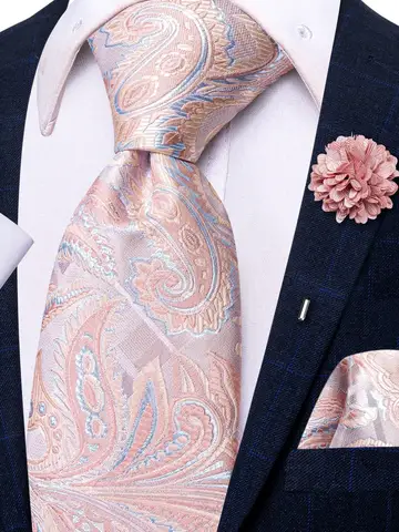 Paisley Pink Necktie With Brooch Silk Elegent Wedding Tie For Men Handky Cufflink Fashion Business Party Hi-Tie Designer