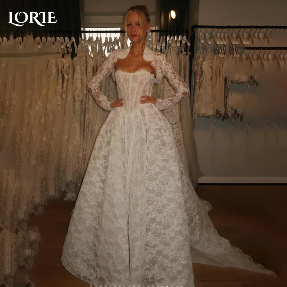 

LORIE Vintage Lace Wedding Dress A-Line Appliques High Collar Flowers Bridal Gown Elegant Princess Applique Bride GownCustomized
