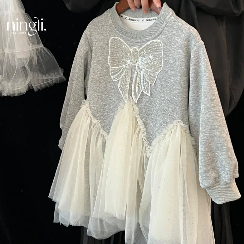 

Spring Autumn New Children Girls Dress Bow Sequin Embellished Mesh Patchwork Kids Girls Casual Dresses Baby Girls Princess Dress