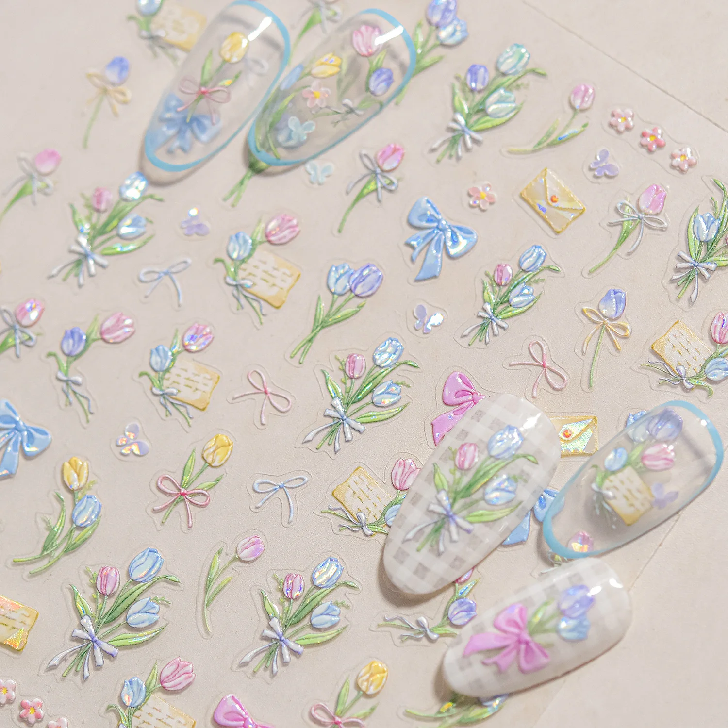 Exquisite 5D Relief Nail Stickers Spring Tulip Bow Self-adhesive Nail 3D Decoration Sticker DIY Flower Nail Art Accessory Decals