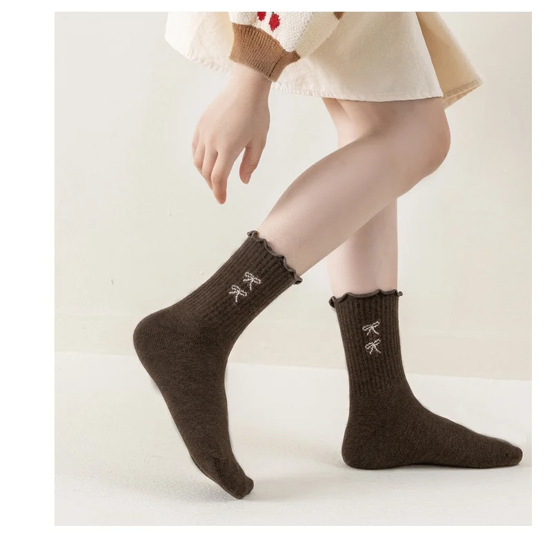 4 Paar/Set Kindersocken für Mädchen, gerüschte, süße Schleifen-Mittellängensocken für Mädchen, einfarbige, vielseitige Kindersocken für Schüler, Frühling Herbst – Detail 7