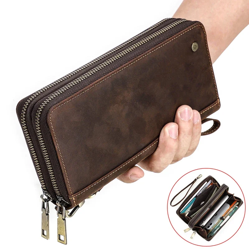 Genuine Leather Men's Wallet Clutch Bag Card Holder Long Wallets Double Zipper Large Capacity Vintage Male Purses Luxury Bag