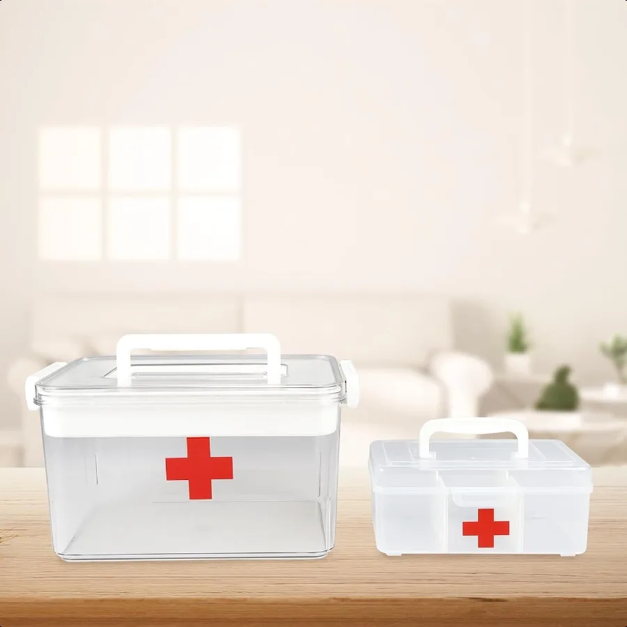 Home First Aid Box and Travel Medicine Storage Box Plastic Medicine Kit Case Container Empty Medical Box with Lock Lid Handle E