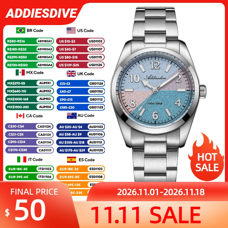 ADDIESDIVE Men's Diver Quartz Watches 36MM Sapphire Glass BGW9 Super Luminous Wristwatches for Men 10Bar Waterproof Reloj Hombre