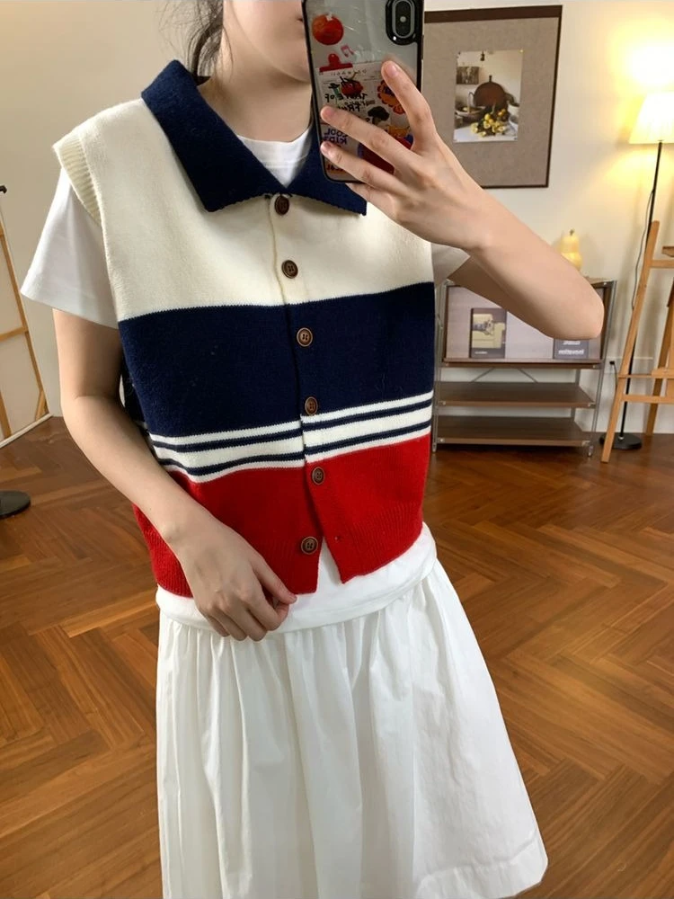 

Striped Knitted Vest Sweater Women Preppy Style Kawaii Polo Shirt Contrasting Colors Sleeveless Sweaters New Y2K Cute Pullovers