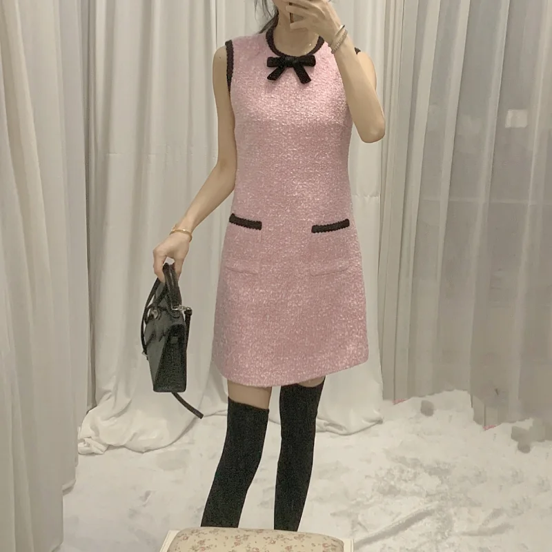 Elegant Sleeveless Round Collar Tweed Dress Pink Velvet Bow Led Korea Chic French Sweet Summer Women Mini Vest Dress Mujer 1256