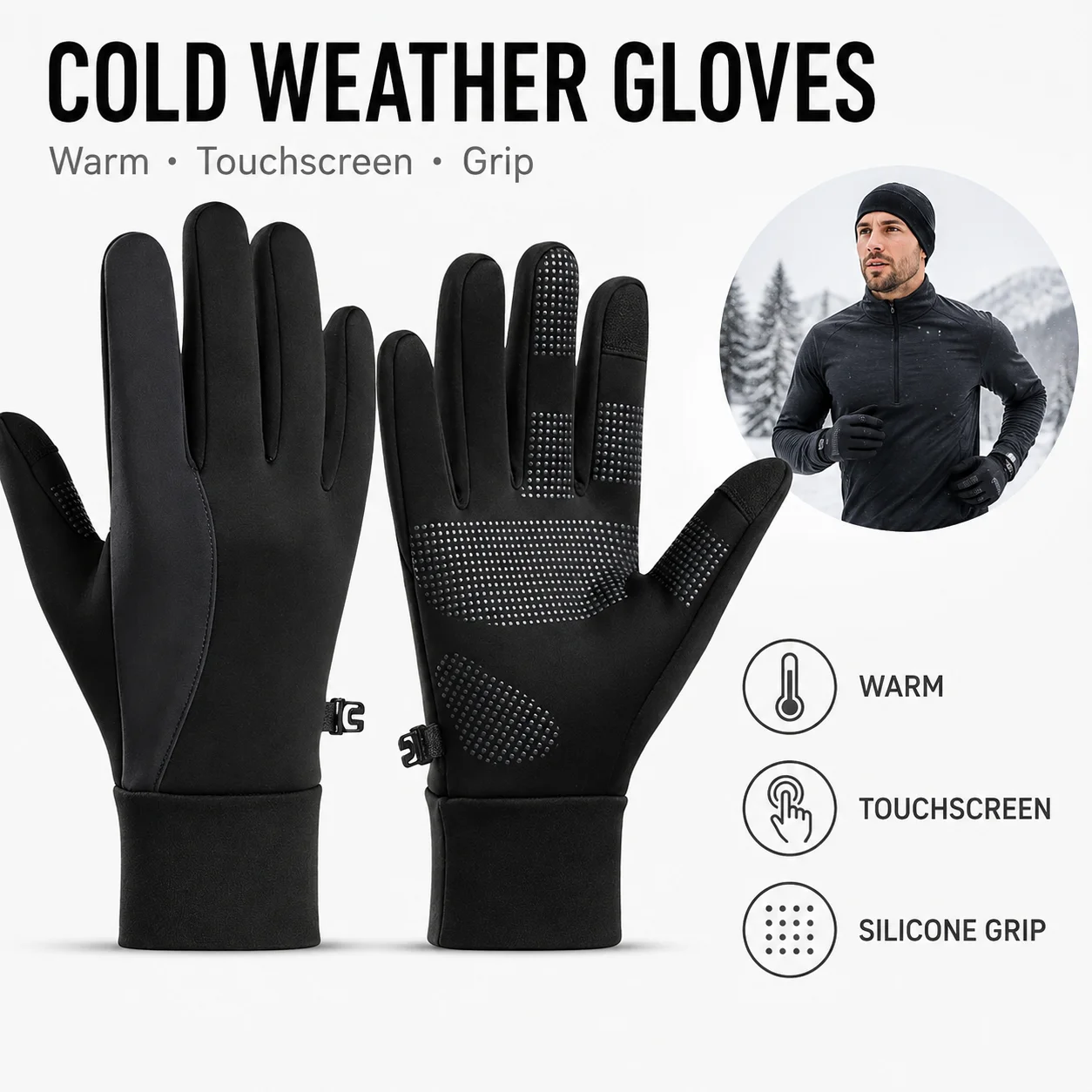 Cold Weather Running Gloves for Men, Warm Fleece Touchscreen Cycling Gloves with Silicone Grip for Winter Commuting
