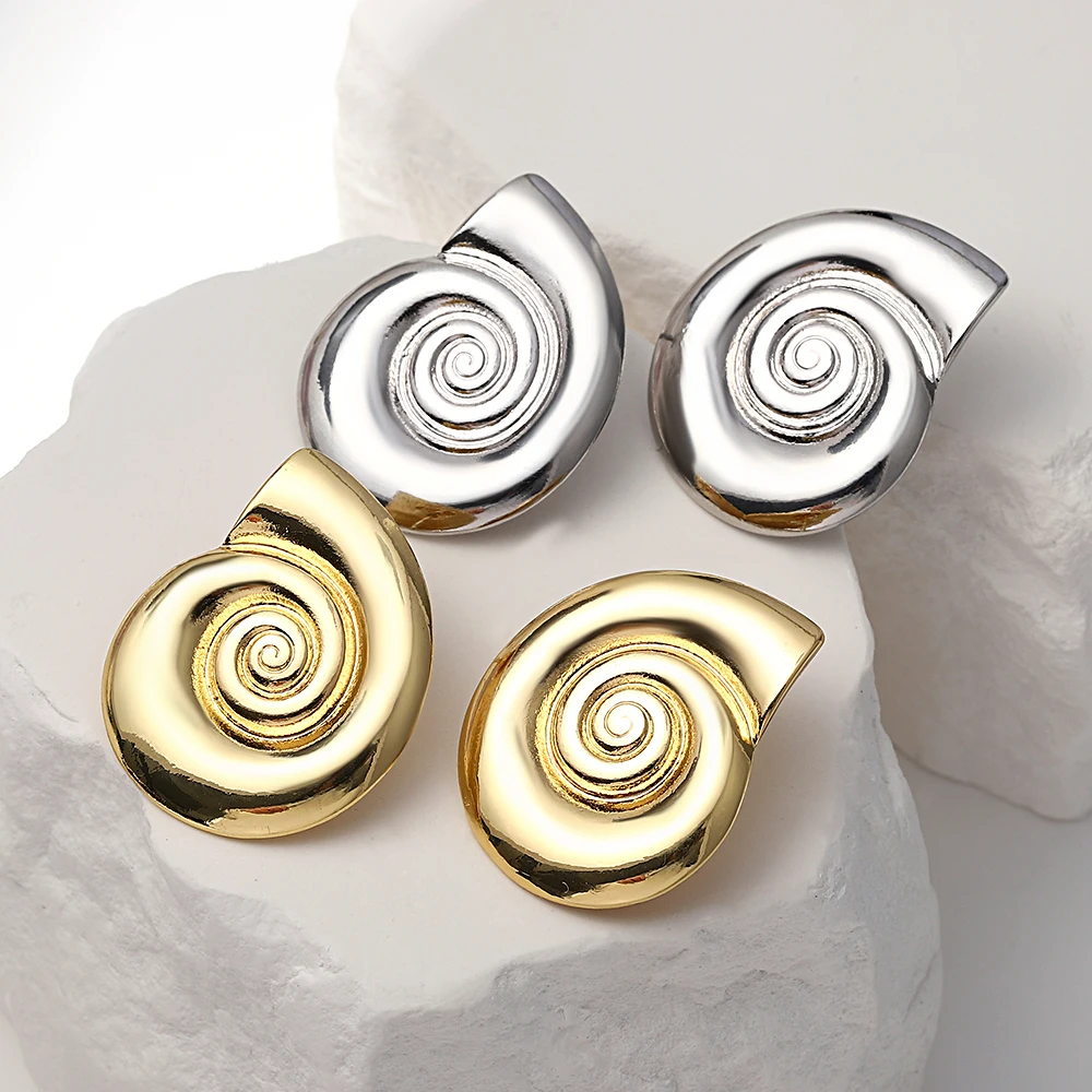 AENSOA Irregular Glossy Spiral Metal Stud Earrings Unique Vintage Gold Plated Snail Conch Geometric Earring for Women Jewelry