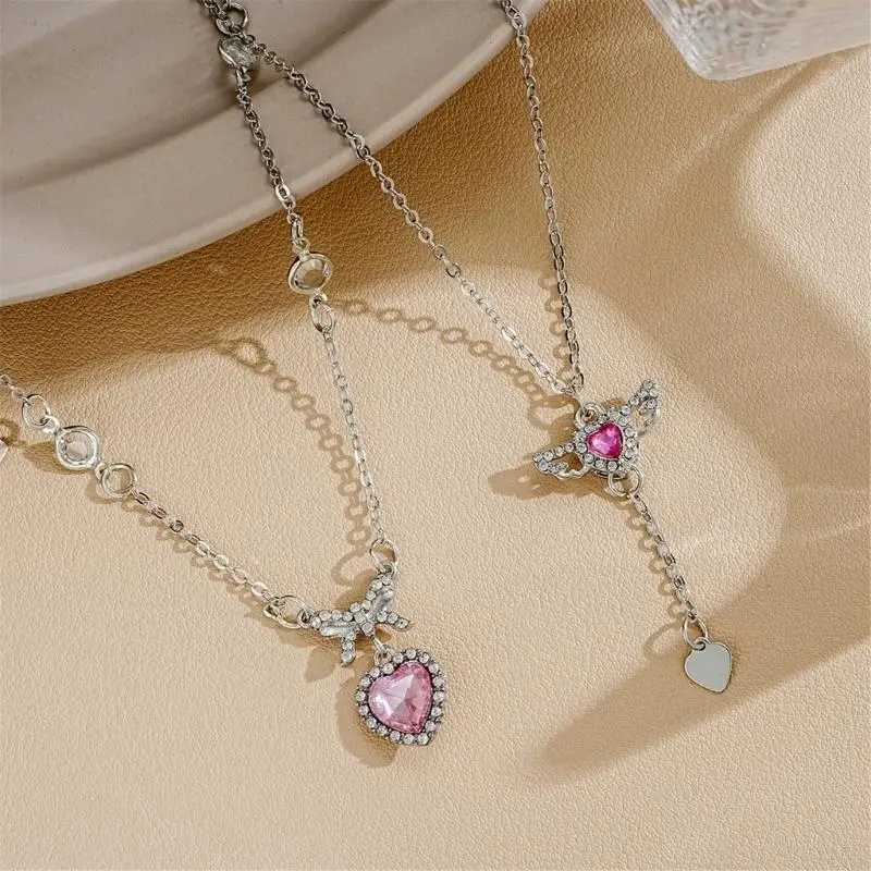  2pcs Crystal Angel Wing Heart Pendant Necklaces Set Wedding Valentines Day Gift