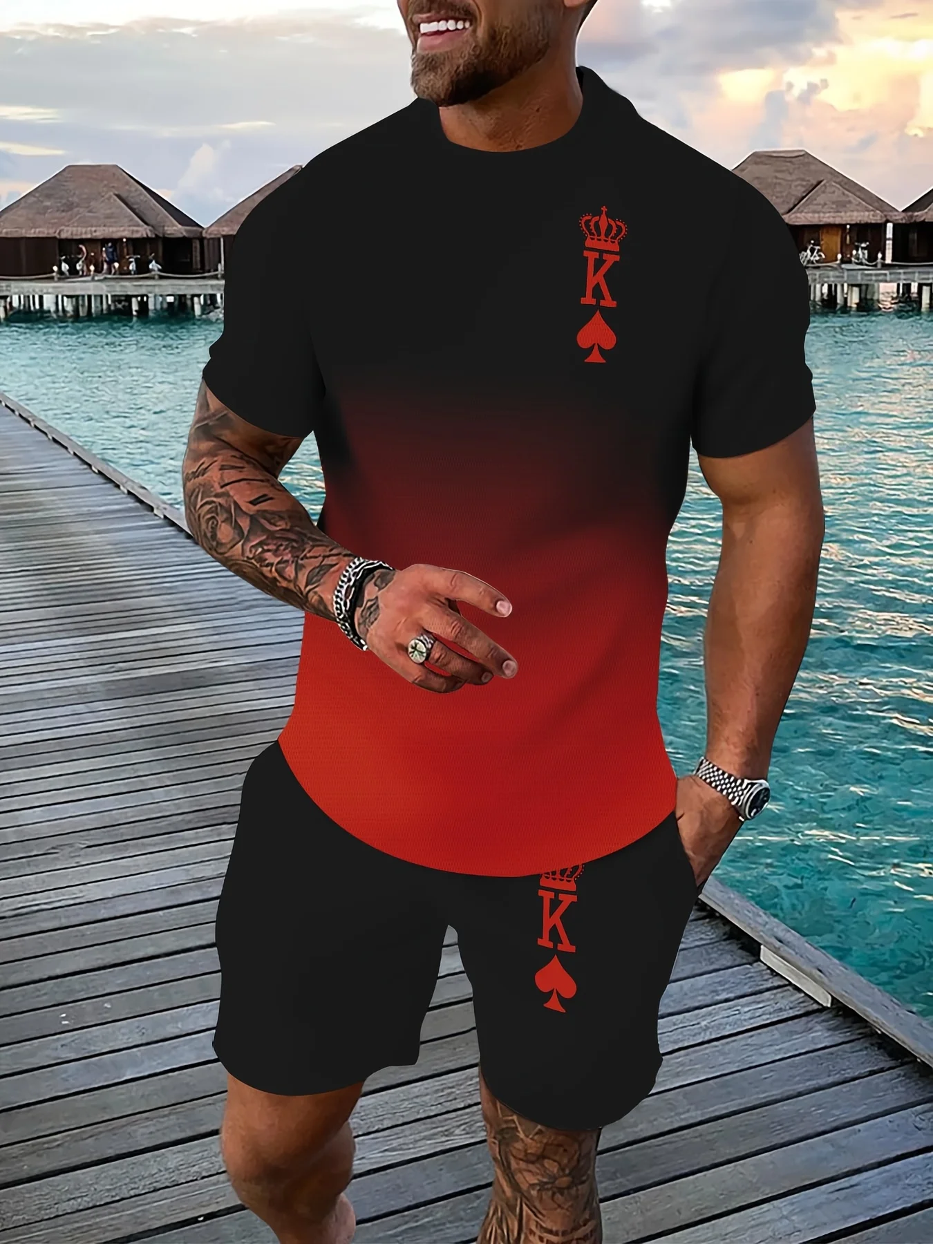 

2025 New Summer hot-selling spade K printing T-shirt shorts set breathable comfortable quick drying casual fashion men's suit