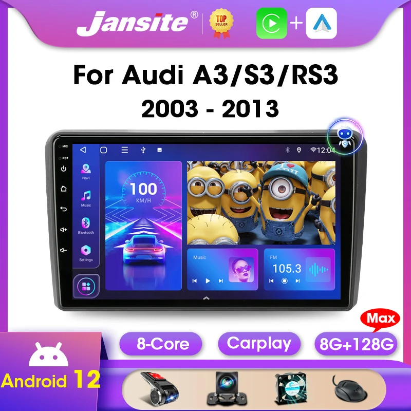 Jansite 2 Din Android 12 For Audi A3 8P S3 RS3 2003-2013 Car Radio Multimedia WIFI Carplay Audio Wifi Stereo Auto Navigatore RDS