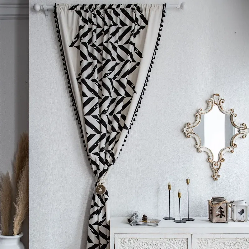 American Cotton Linen Printing Black Geometric Curtain Semi-shading Kitchen Valance Floating Window Living Room Bedroom Drape