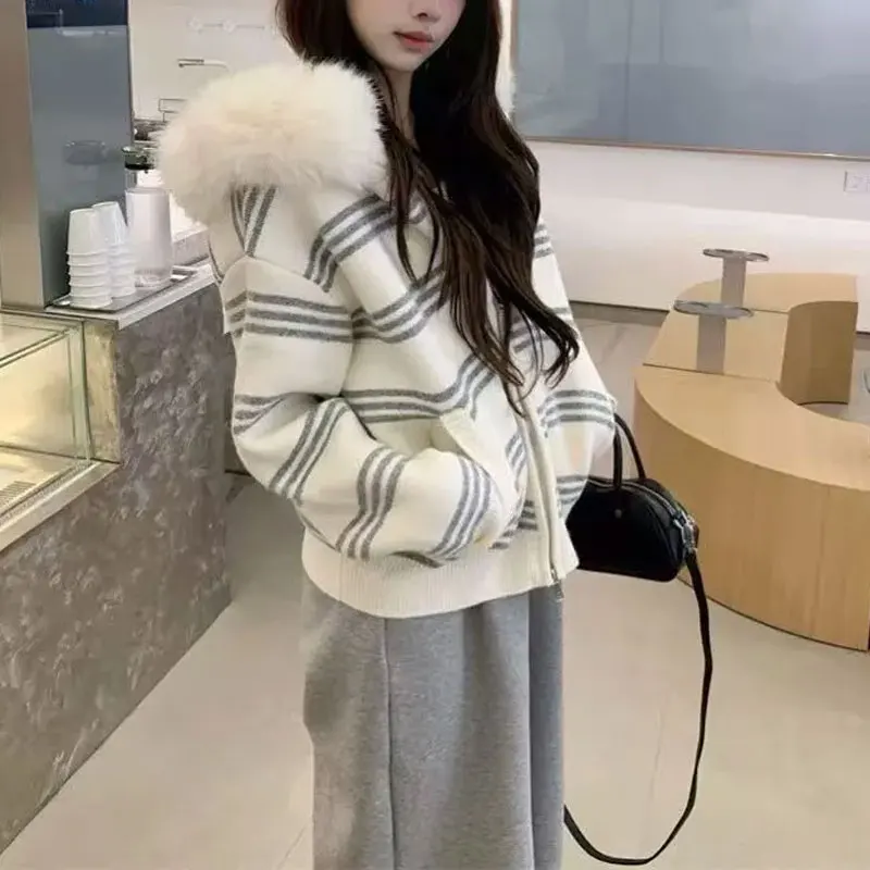 

Autumn Winter Striped Hooded Sweaters Fur Collar Spliced Female Clothing Loose Fashionable Zipper Korean Basic Knitted Cardigan