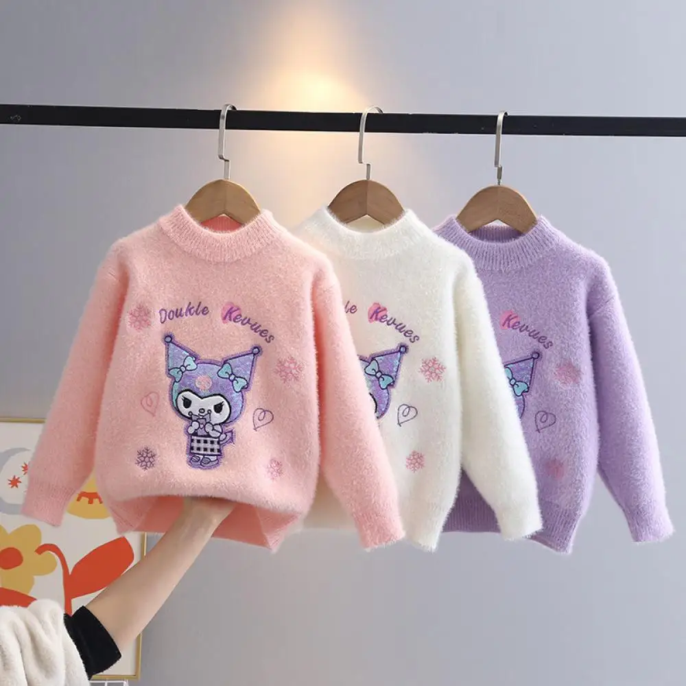 أنيمي الأطفال سترة Kuromi سترة ربيع الخريف Kawaii متماسكة سترة جولة الرقبة البلوز قاع قميص سترة