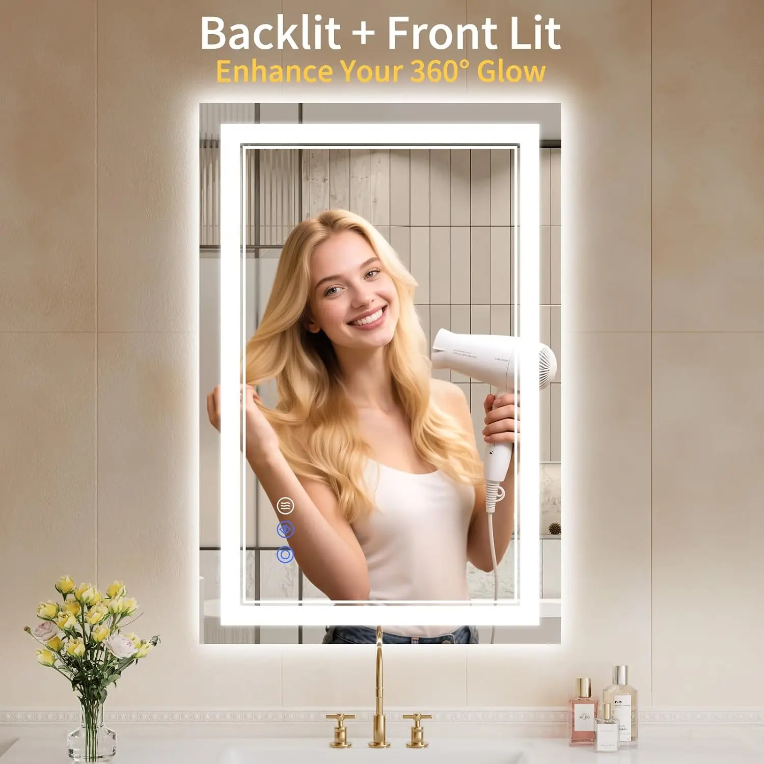 24X36 LED Bathroom Mirror with Lights, Anti-Fog, Backlit + Front Lit, Dimmable, Led Vanity Mirror for Wall, Lighted Bathroom
