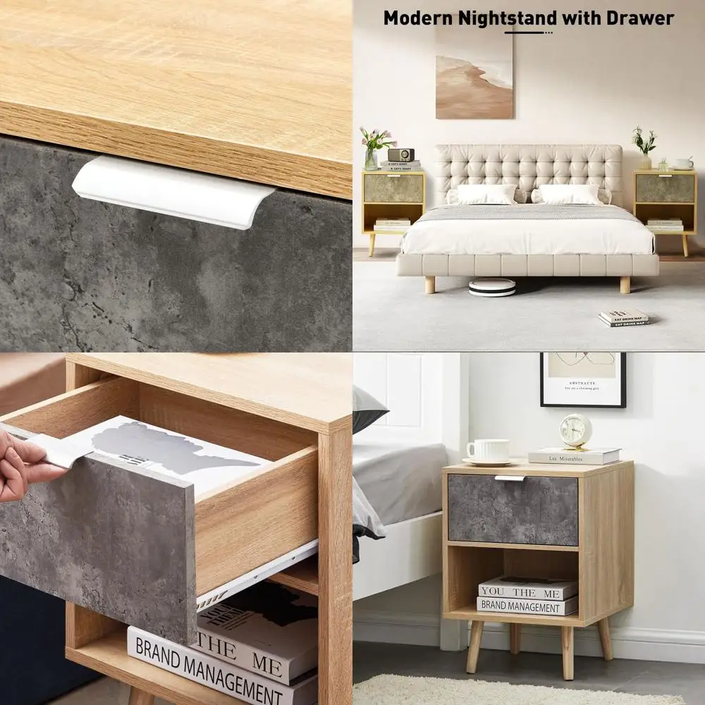 

Пара современных деревянных прикроватных тумбочек с ящиком и полкой, подходят для спален и гостиных, компактный дизайн, простая сборка.