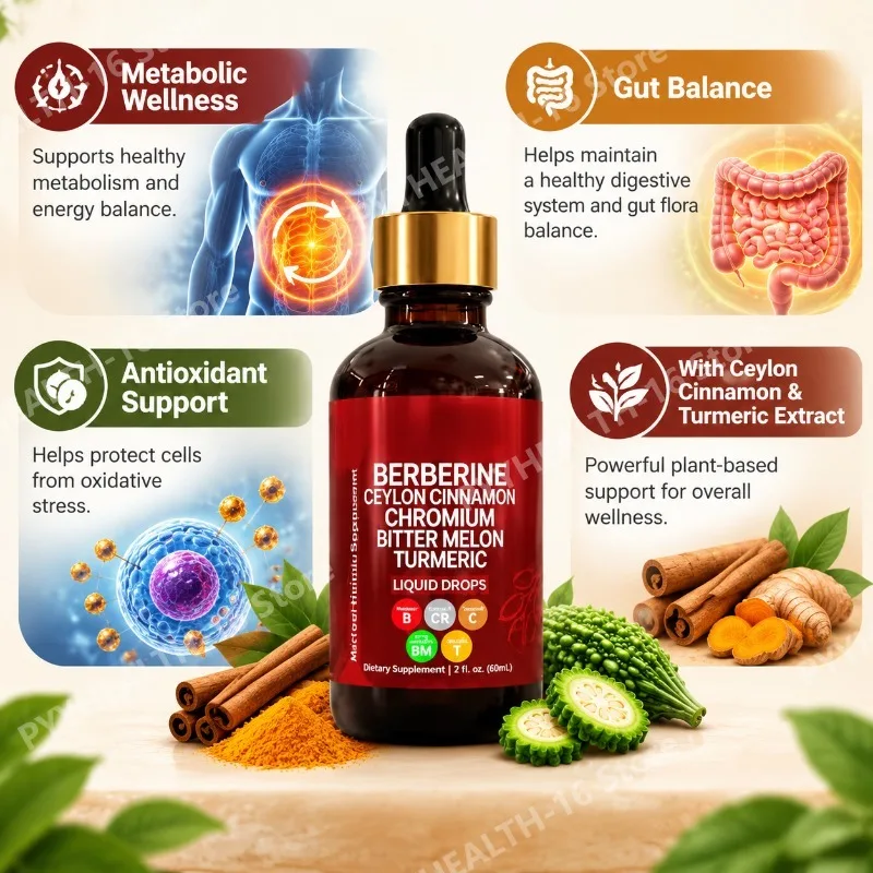 Berberine Liquid Drops,for Metabolic Wellness,Gut Balance & Antioxidant Support with Ceylon Cinnamon,Turmeric Extract 60 ML