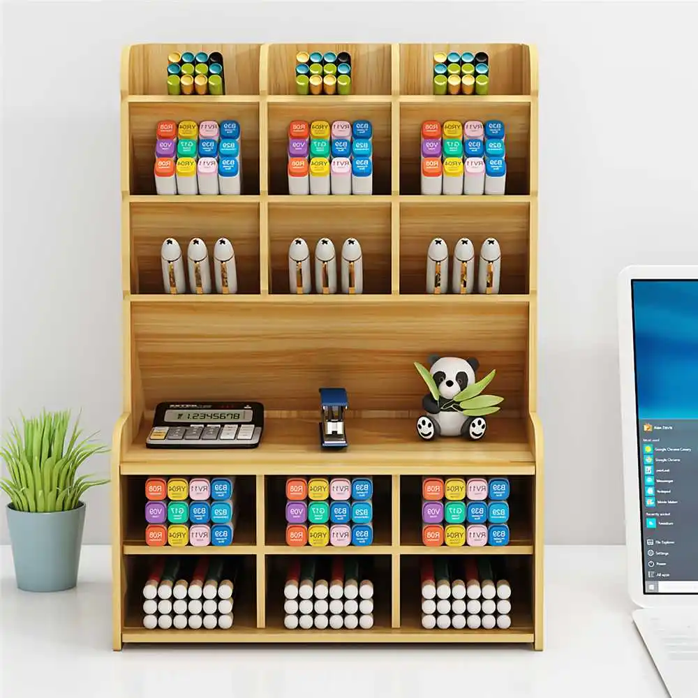 Creative Wooden Pen Holder Office Desk Pen Organizer Stationery Storage Box Makeup Display Stand Home Office Storage Accessories