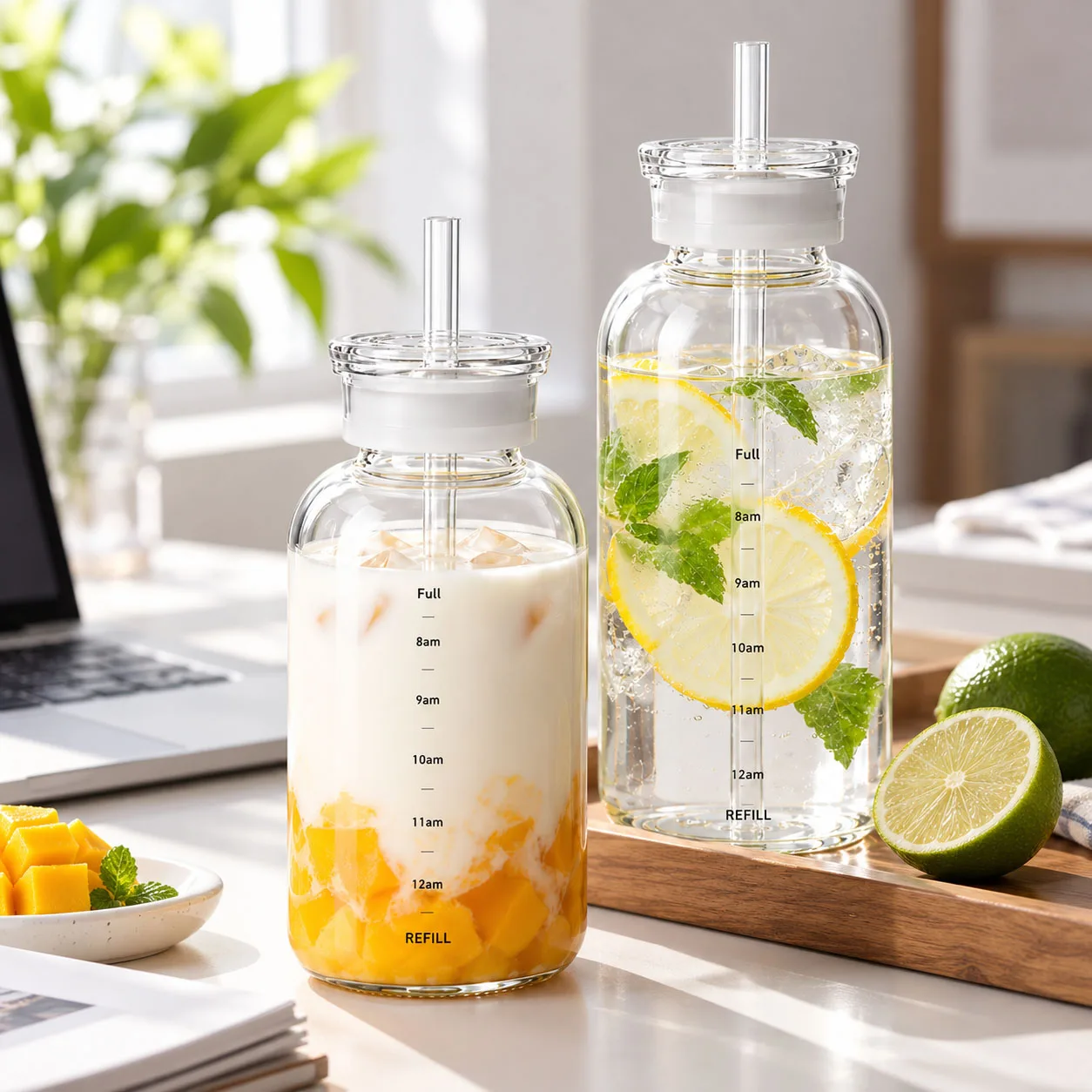 300/500/750ml Large Glass Water Bottle with Straw 2 Lids Clear Kawaii Drinking Bottle Leakproof Iced Coffee Cup for Woman Girl