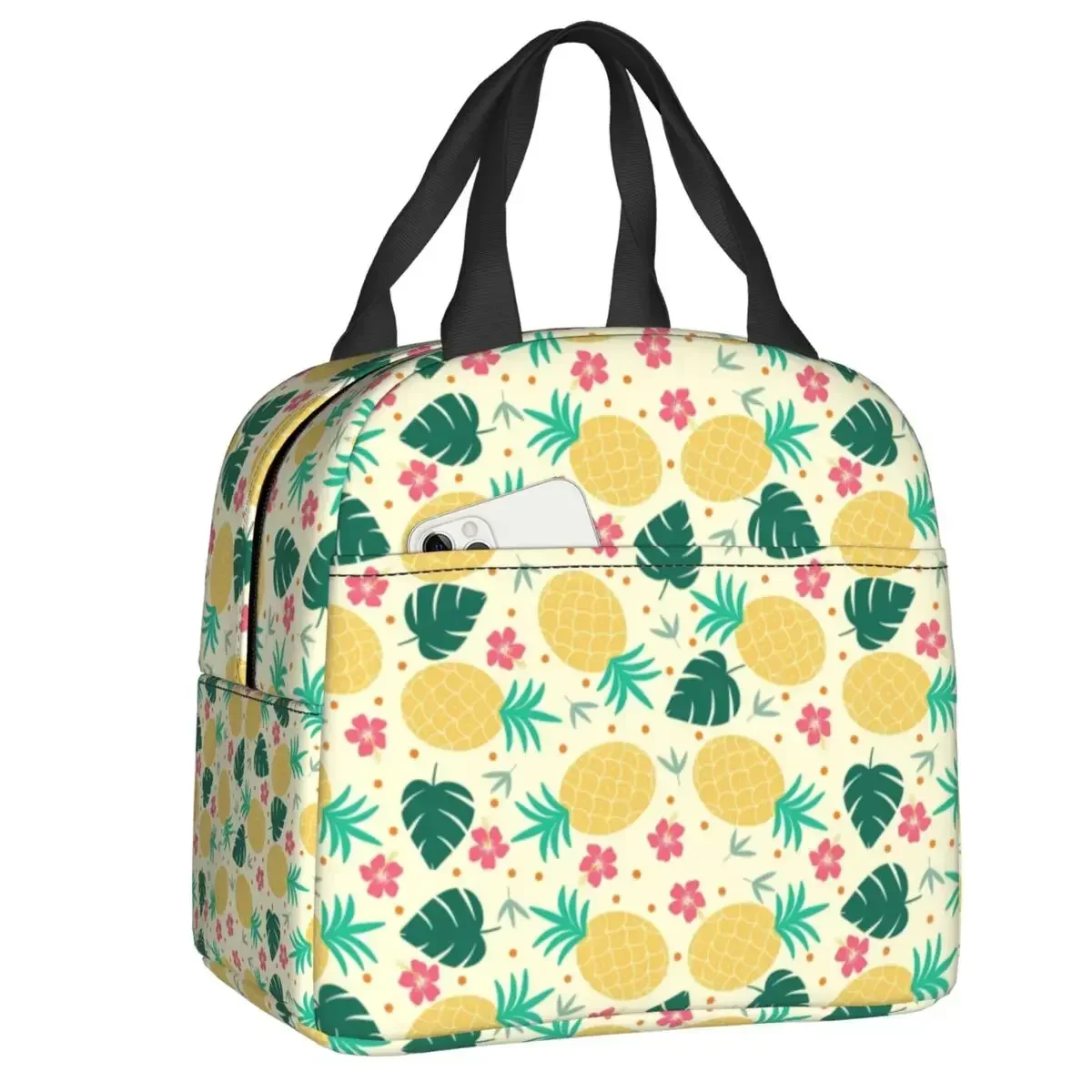 Pineapple With Flowers Tropical Leaves Portable Lunch Boxes Women Waterproof Cooler Thermal Food Insulated Lunch Bag Office Work