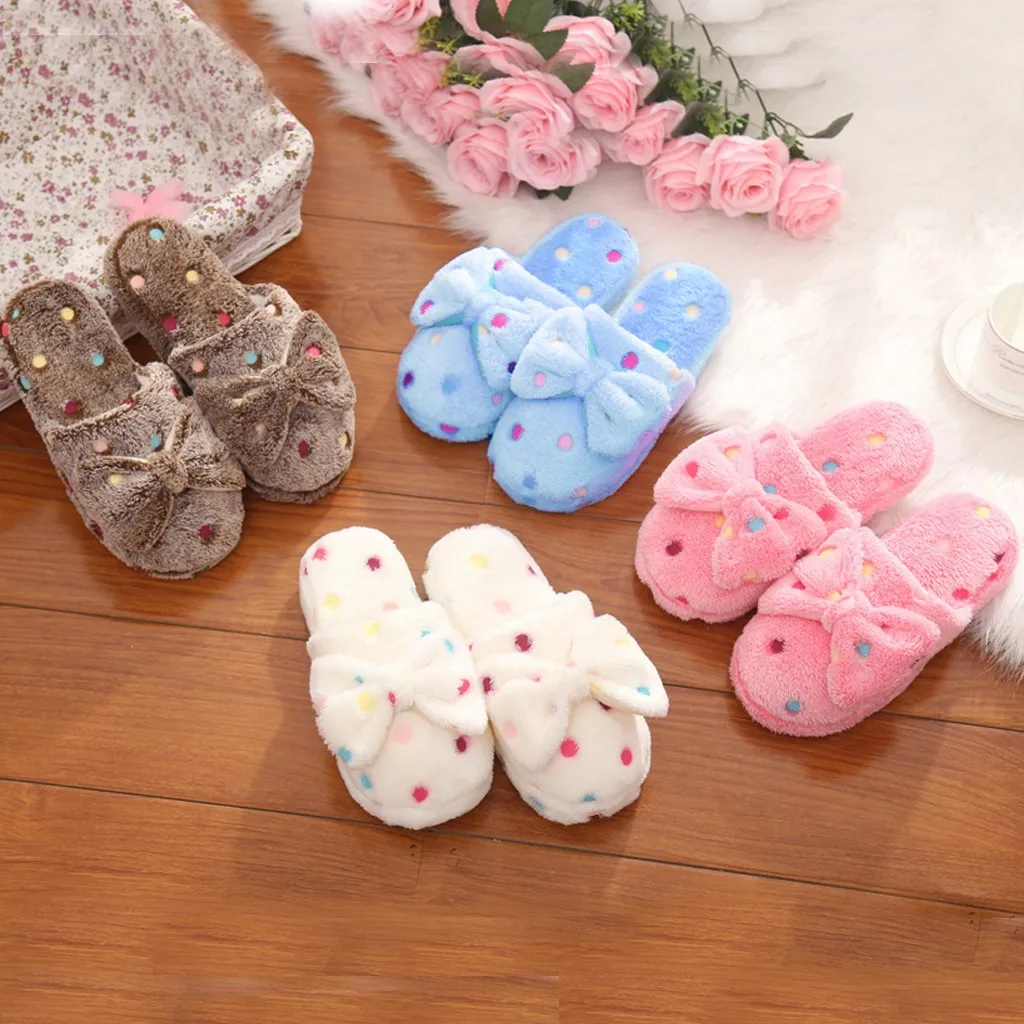 Women Winter Home Slippers Autumn Cute Bow Colorful Polka Dot Warmth Thick Plush Non-Slip Leisure Shoes Sweet Soft Bedroom Shoes