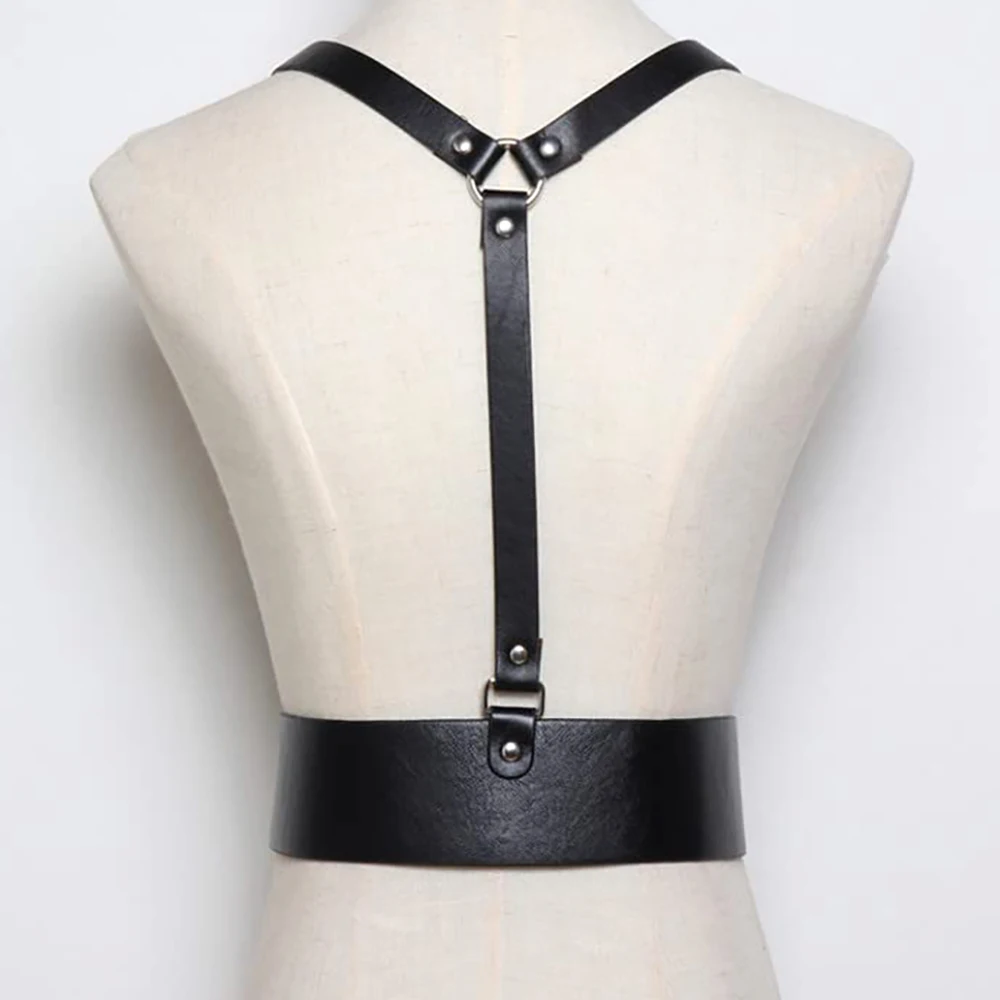 Women Gothic Studded PU Leather Adjustable Chest & Waist Decor Harness Punk Outerwear Layering Fashion Accessory