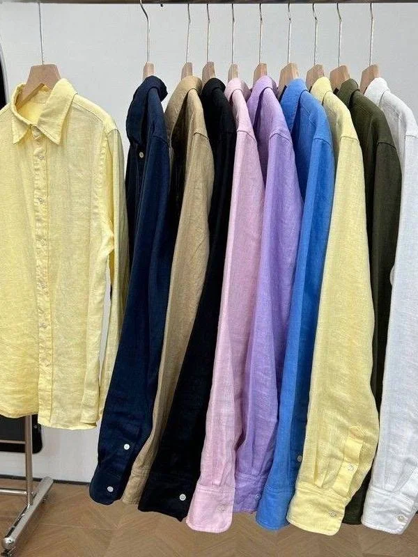 

Men's Cotton Linen irt Collared Folded Hem Long Sve Autumn Faion Retro Hong Kong Sle M Model Clothing Set