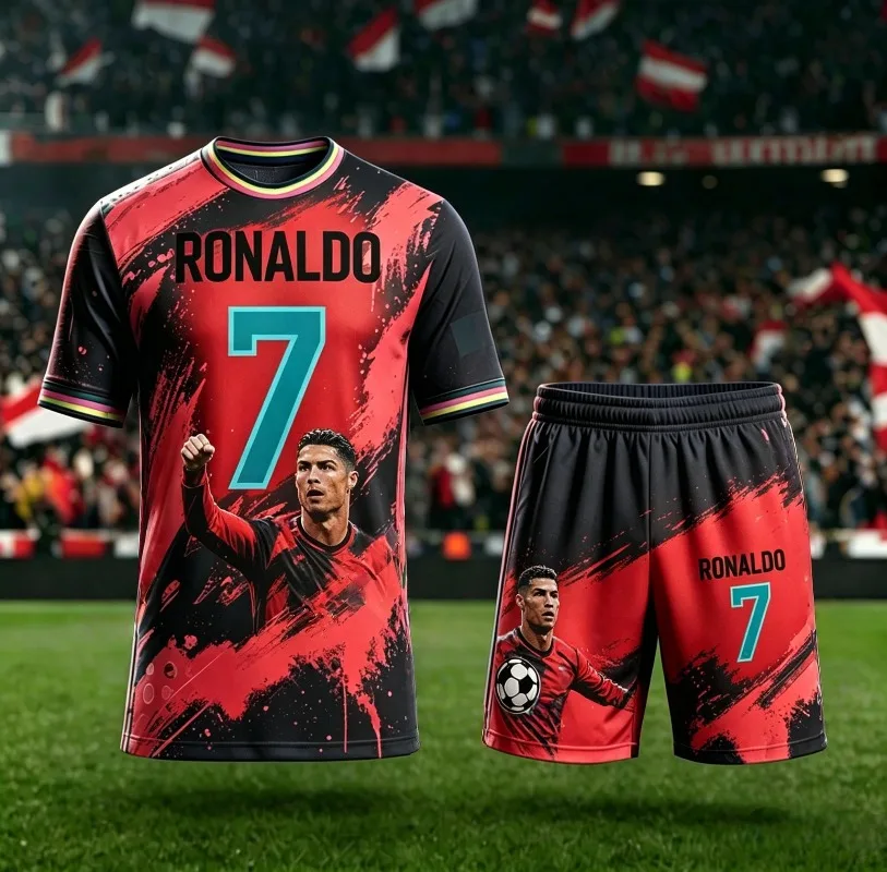 2026 Summer New # 7 Cristiano Ronaldo Short Sleeved AI Yellow Red Football Shirt Adult Children Fashion Casual Large Sports Set
