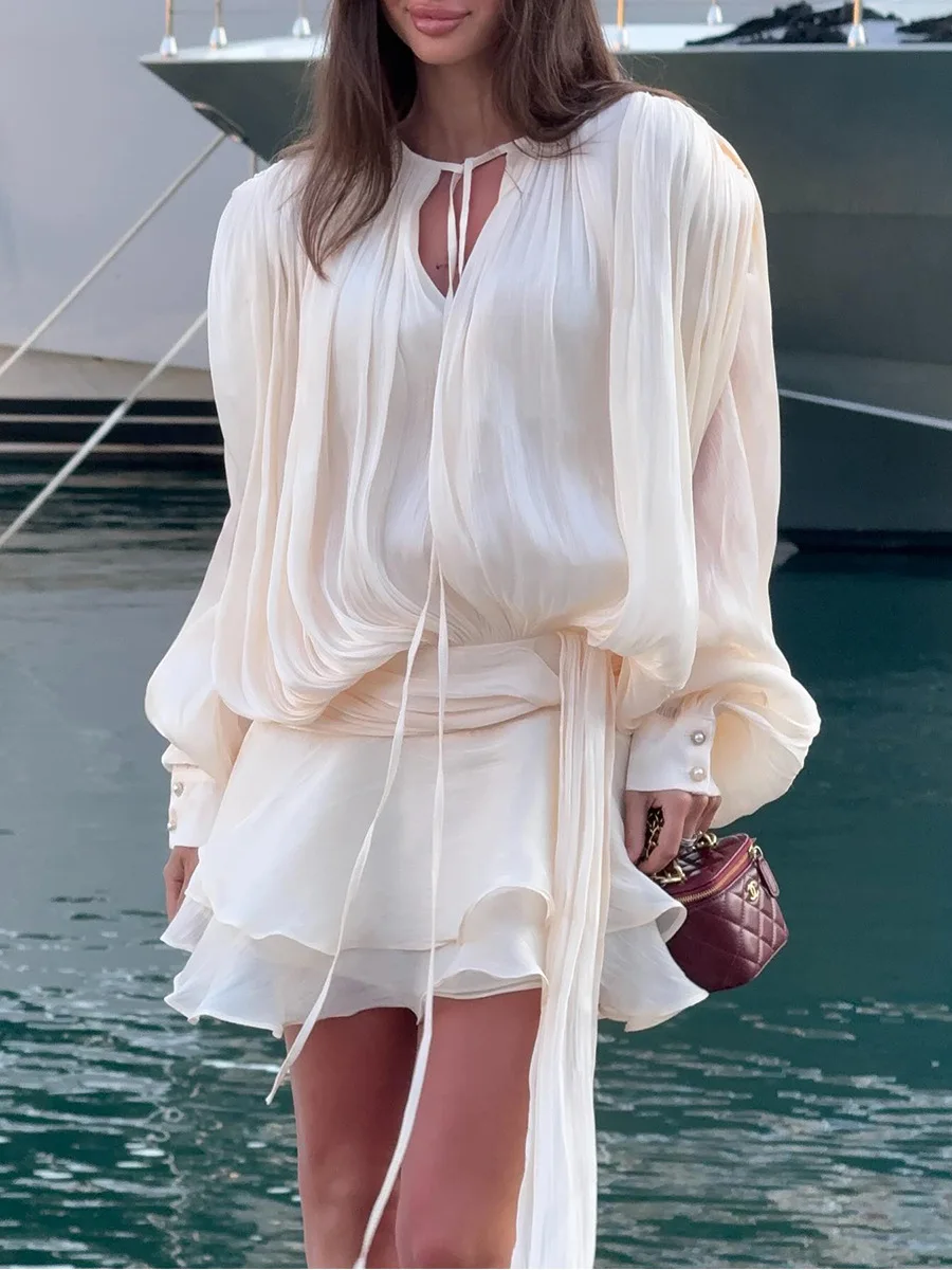 Mini robe portefeuille sexy à col en V pour femme – Robe élégante à lacets de style caraco avec épissure de manches, tenue de soirée de couleur unie