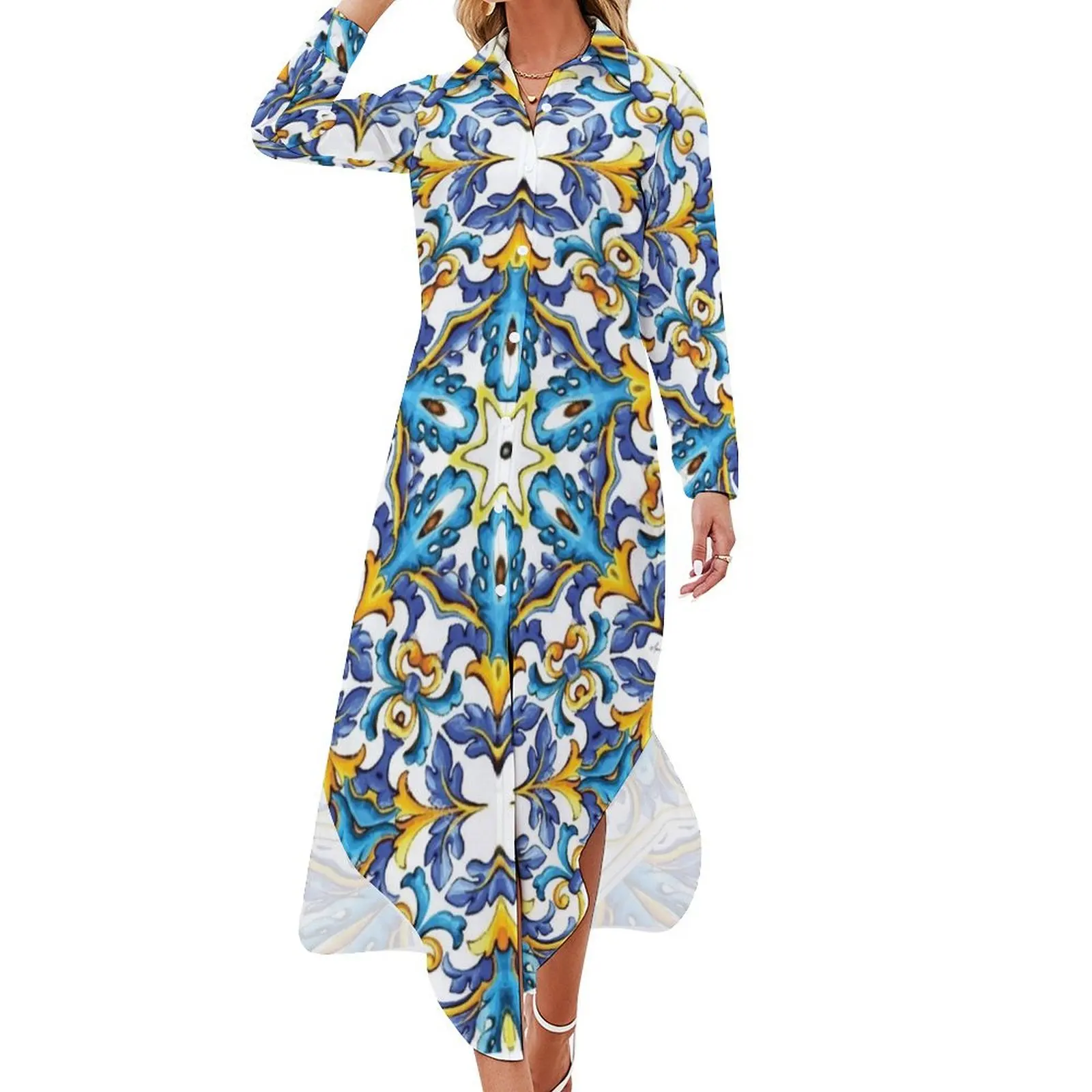 

Sicily Style Long Sleeved Shirt Dress chic and elegant woman dress Casual dresses long sleeve dresses