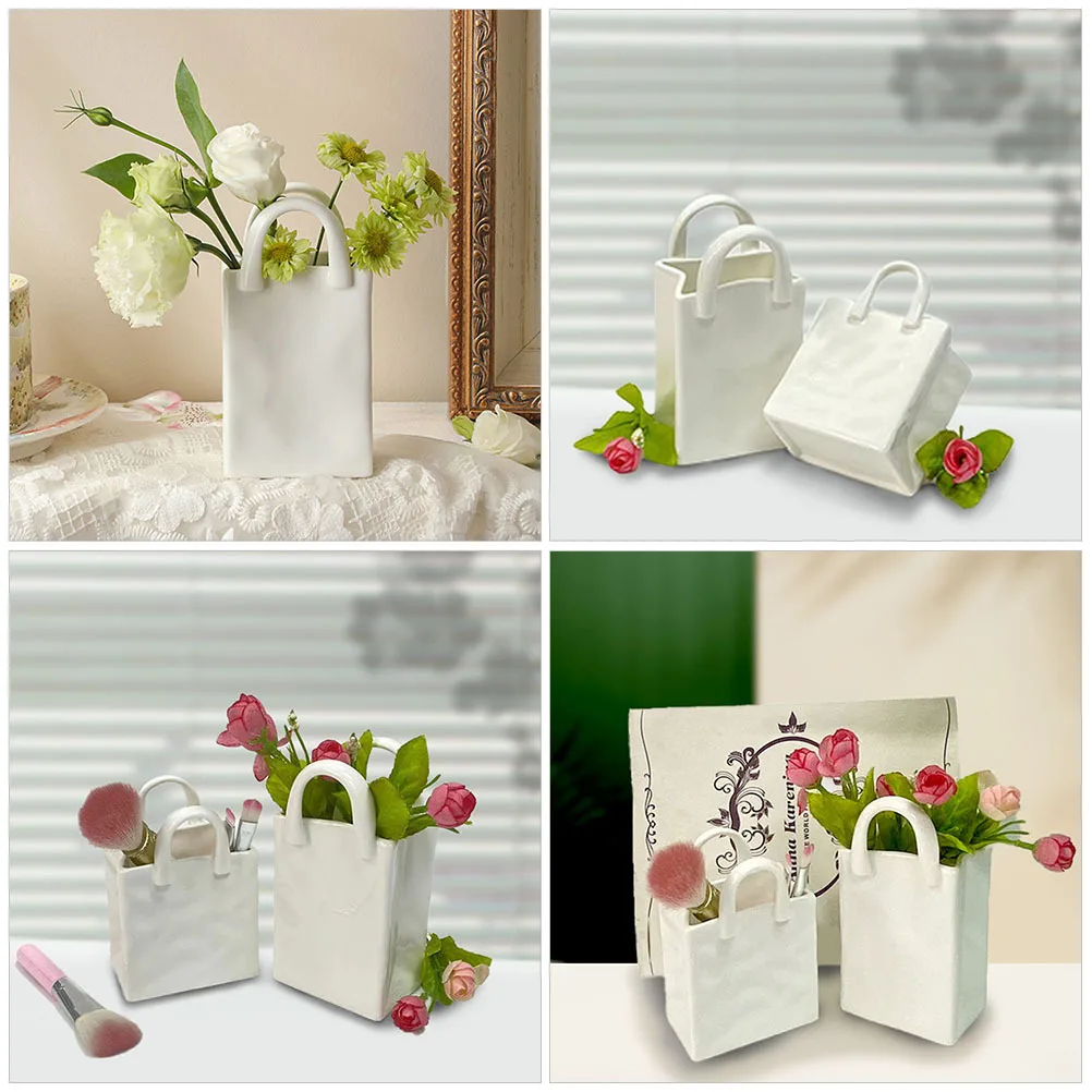 محفظة على شكل وعاء فرشاة فريد من نوعه من السيراميك زهرة زهرية حقيبة يد حامل قلم تخزين ديكور فرشاة للمكياج حاوية ديكور سطح المكتب #5