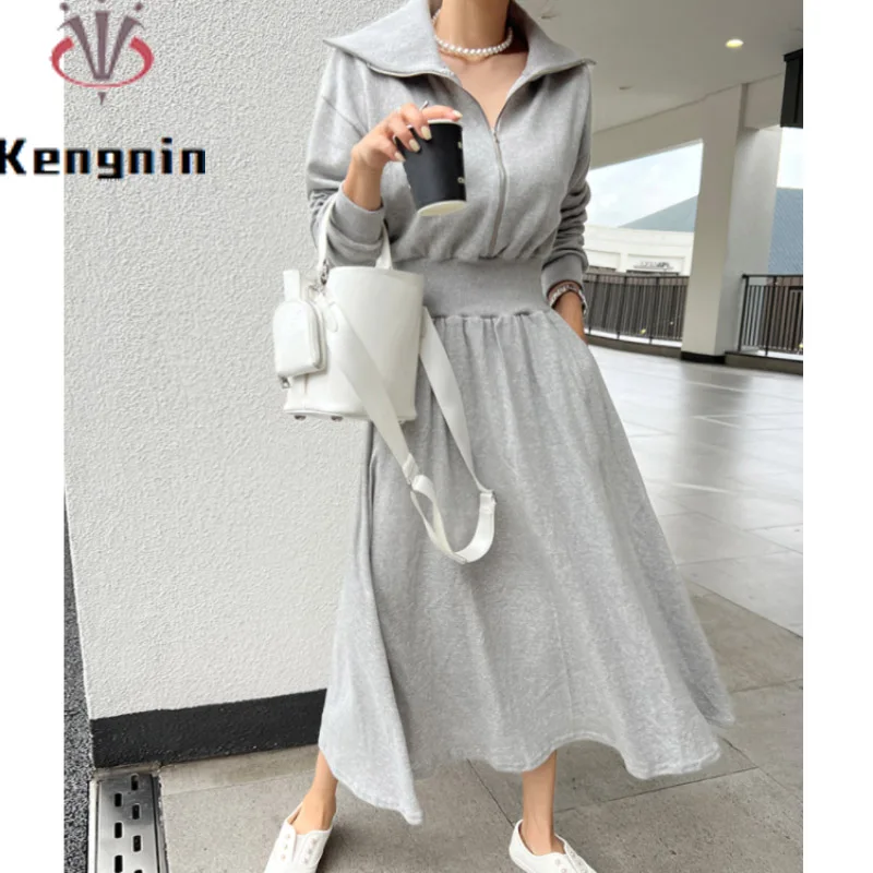 

Autumn Winter Plus Size 5XL Women Hoodies Dresses Korean Fashion Long Sleeve Zipper Design Female Robe High Waist Tunic KE3166