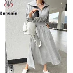 Plus Size 5XL Women's Hoodie Dress Korean Fashion Long Sleeve Zipper Design High Waist Tunic Autumn Winter Female Robe KE3166