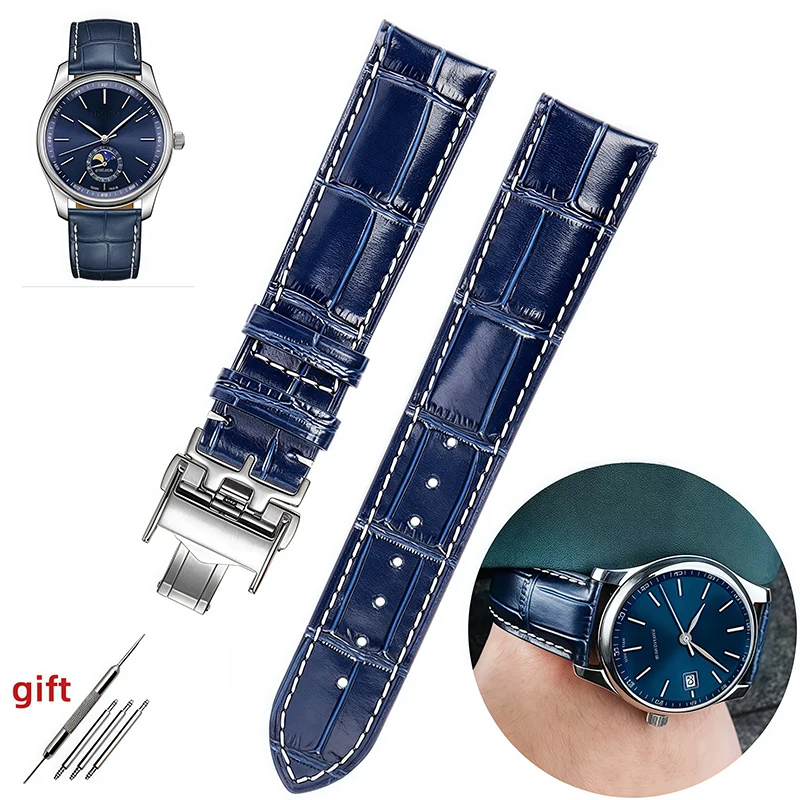 Blue Men Watchband For Longines Masters Collection L3 L4 L2.628 L2.673 Watch Strap Cowhide Leather Butterfly Buckle 19mm 20mm 21